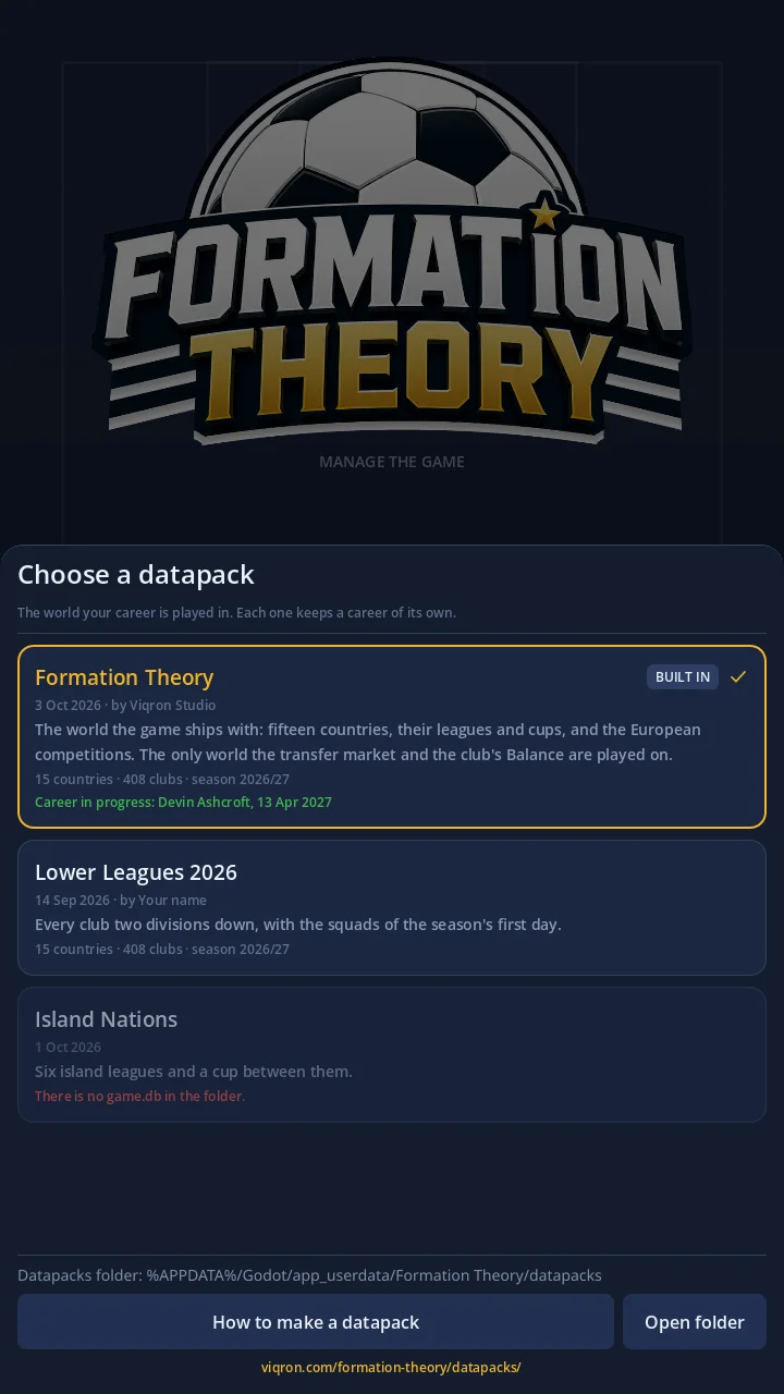 The game's start-up list: the built-in world with a career in progress, a datapack called Lower Leagues 2026, and a dimmed one with the reason it cannot be played